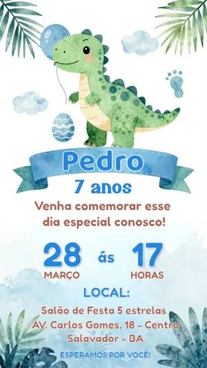 Convite de Aniversário Dinossauro Fofo Aquarela para Editar