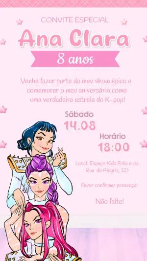 Convite de Aniversário Guerreiras do Kpop para Menina Editável