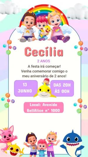 Convite de Aniversário Baby Shark Colorido para Editar