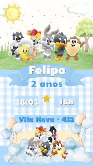 Convite de Aniversário Looney Tunes Baby Azul para Editar