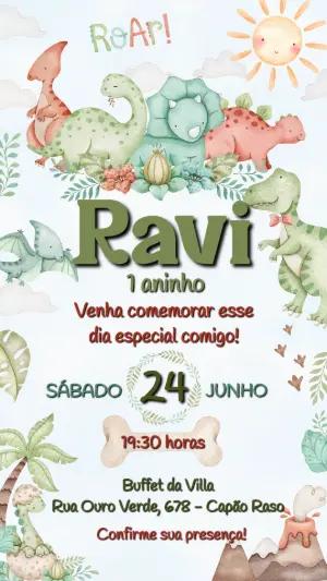 Convite Aniversário Dinossauro Aquarela para Editar Online