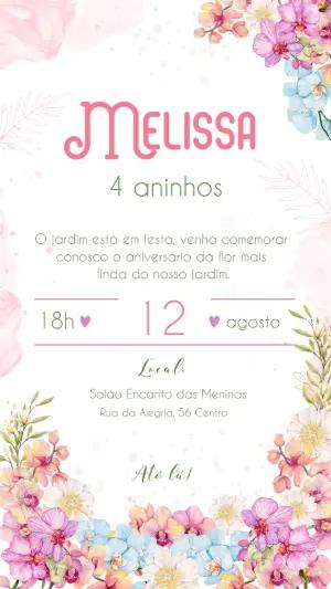 Convite de Aniversário Jardim das Flores Aquarela Editável