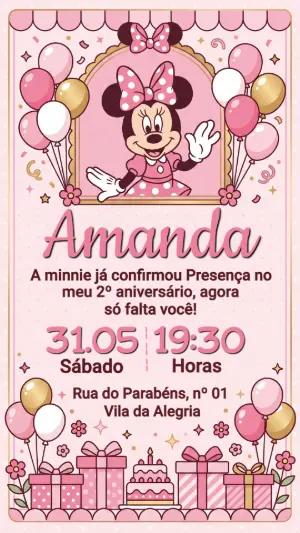 Convite de Aniversário Minnie Rosa Editável para Meninas