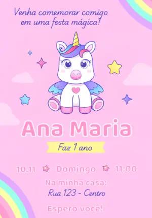 Convite de Aniversário Unicórnio Fofo para Editar Online