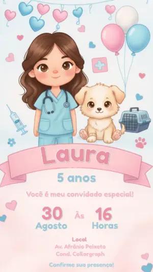 Convite de Aniversário Veterinária Fofo Modelo Editável