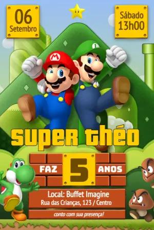 Convite Aniversário Super Mario com Mario e Luigi para Editar
