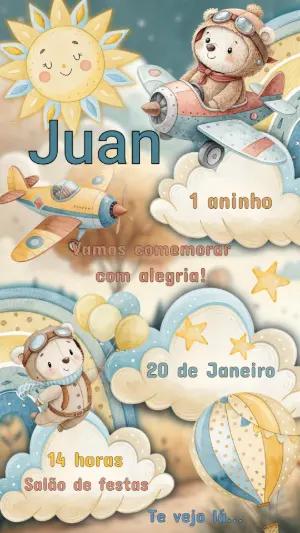 Convite de Aniversário Ursinho Aviador Aquarela para Editar