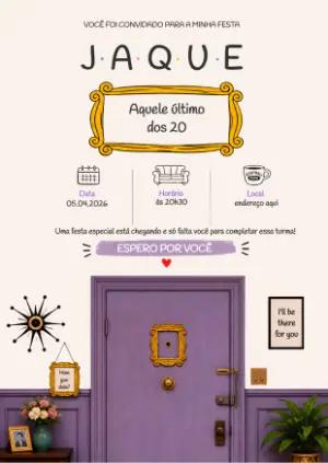 Convite de Aniversário Friends Roxo e Amarelo Editável