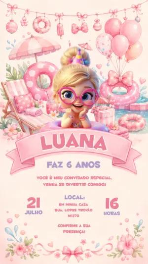 Convite de Aniversário Piscina Rosa Infantil para Editar