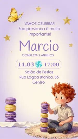 Convite de Aniversário Infantil Menino e Macarons Lilás Editável