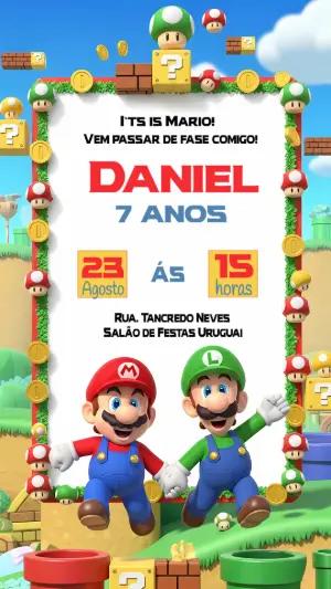 Convite de Aniversário Super Mario e Luigi para Editar Online