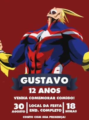 Convite All Might My Hero Academia  para Aniversário - Modelo Editável