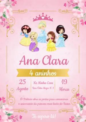 Convite de Aniversário Princesas para Editar Online
