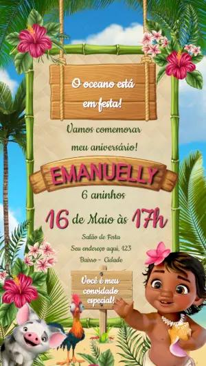 Convite Aniversário Moana Baby com Personagens para Editar
