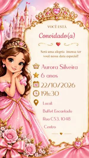 Convite de Aniversário Princesa Rosa e Dourado para Editar