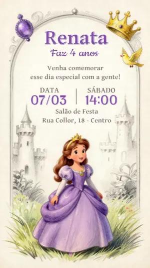 Convite de Aniversário Princesa Lilás Ilustrado para Editar