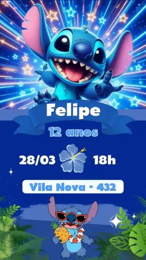 Convite de Aniversário Stitch Azul Neon para Editar