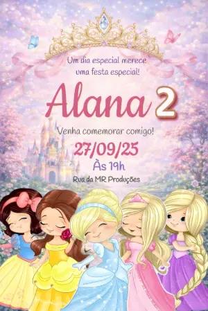 Convite Aniversário Princesas Encantado Modelo Editável