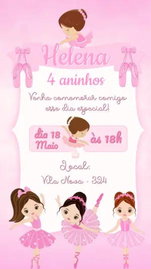 Convite de Aniversário Bailarina Rosa | Modelo Digital Editável