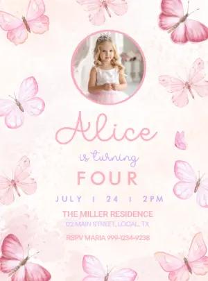 Editable Butterfly Birthday Invitation with Photo for Girls