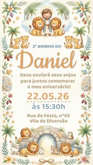 Convite de Aniversário Daniel e os Leões Aquarela Editável