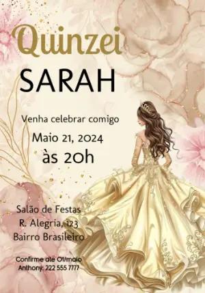 Convite de 15 Anos Princesa Dourado e Rosa Editável