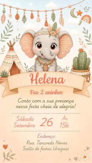 Convite Editável Aniversário Elefantinho Boho