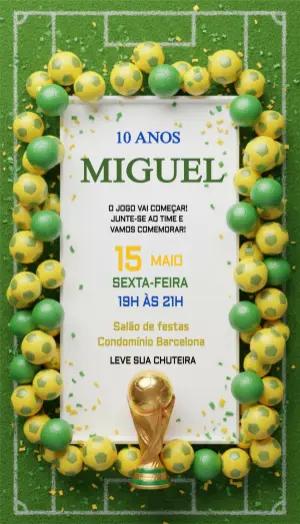 Convite de Aniversário Futebol Campeão Verde e Amarelo Editável
