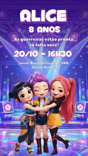Convite de Aniversário Guerreiras K-Pop para Editar