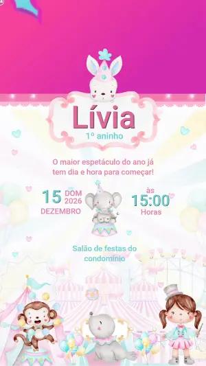 Convite Animado Aniversário Circo Rosa Candy Color para Editar