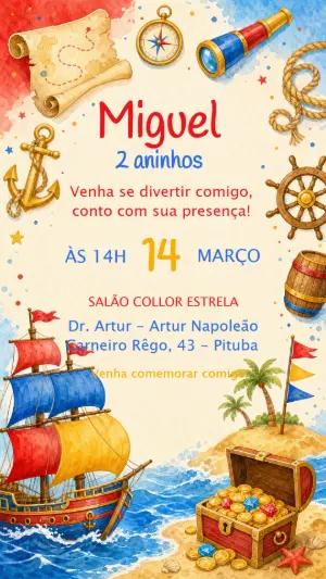 Convite de Aniversário Pirata Aquarela para Editar