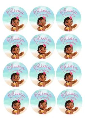 Adesivo Redondo Aniversário Moana Baby para Editar Online
