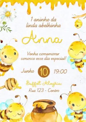 Convite de Aniversário Abelhinha Fofa Aquarela Editável