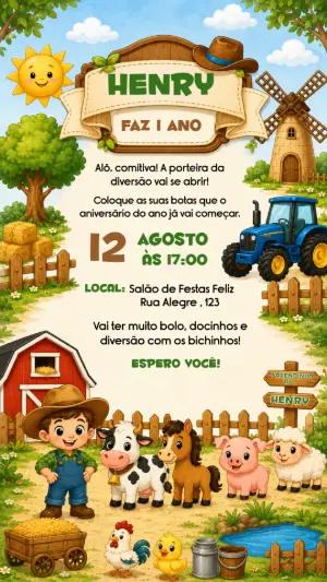 Convite de Aniversário Fazendinha com Trator para Editar