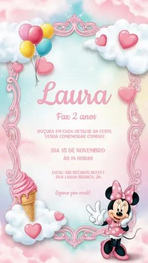 Convite Aniversário Minnie Rosa nas Nuvens para Editar Online