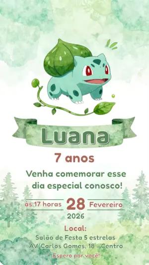 Convite de Aniversário Pokémon Bulbasaur Aquarela para Editar