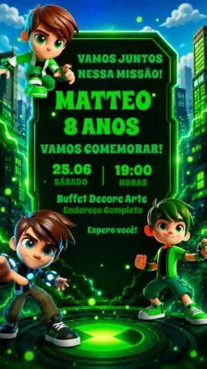 Convite de Aniversário Ben 10 Moderno 3D para Editar