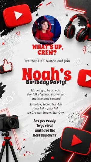 Youtuber Birthday Party Invitation - Editable Digital Template