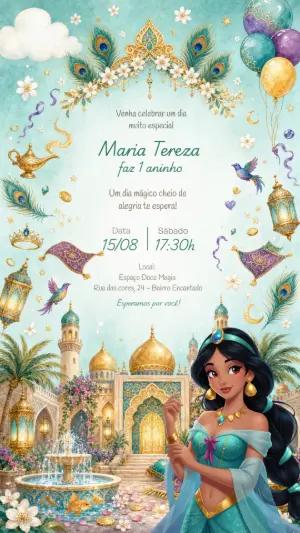 Convite Aniversário Princesa Jasmine Aquarela para Editar