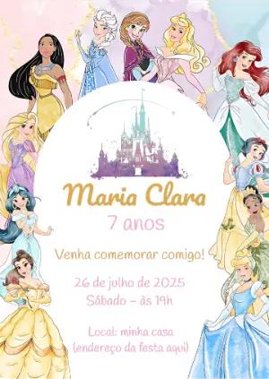 Convite de Aniversário Princesas Disney para Editar Online