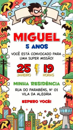 Convite de Aniversário Robin Super-Herói para Editar Online