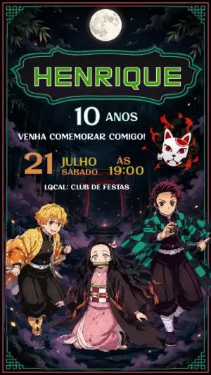Convite de Aniversário Demon Slayer | Modelo Digital Editável