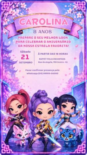 Convite de Aniversário Guerreiras do K-Pop Editável