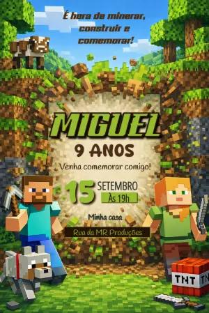 Convite Digital Minecraft Aniversário Infantil Editável