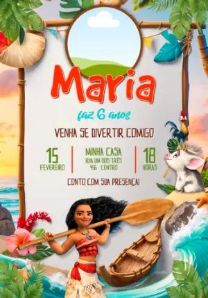 Convite de Aniversário Moana Tropical com Foto para Editar