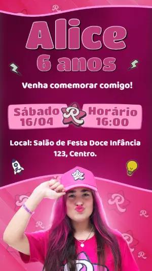 Convite de Aniversário Influencer Rosa com Foto para Editar