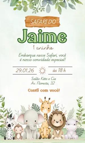 Convite de Aniversário Safari Bichinhos Aquarela Editável