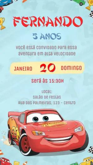 Convite Digital Aniversário Infantil Tema Carros para Editar