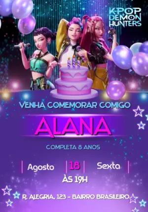 Convite Animado Aniversário K-Pop Demon Hunters Roxo para Editar