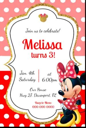 Editable Minnie Mouse Pink & Gold Birthday Invitation Template